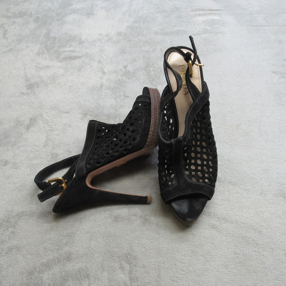 Prada Womens Shoes 9 EU‎ 39 Black Suede Peep Toe Sling Back Laser Cut Italy Made
